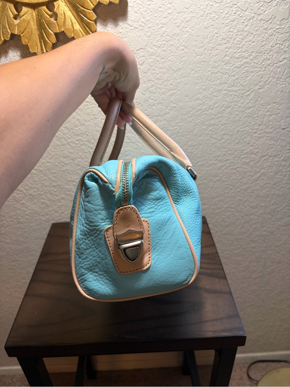 Ann Taylor Turquoise Leather Barrel Satchel Handbag - Picture 2 of 7
